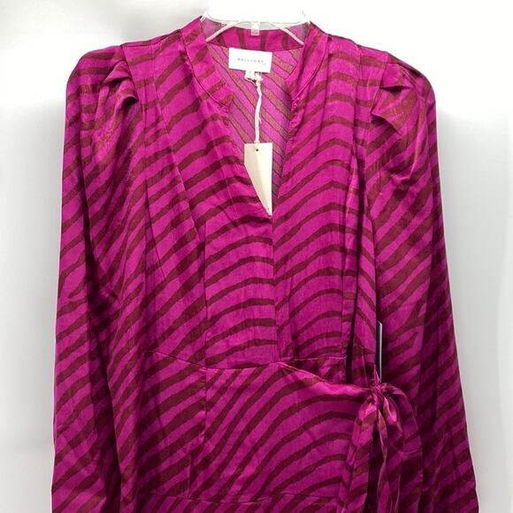 Melloday pink brown zebra print faux wrap puff sleeve midi dress  size s - Picture 3 of 9